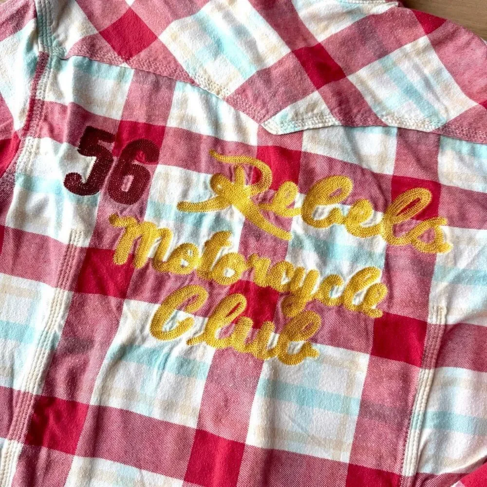 True Religion 56 Rebels Motorcycle Club Pearl Snap Plaid Shirt Red Medium Y2K